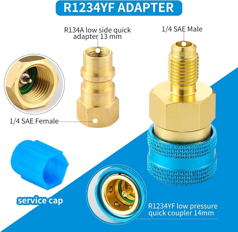 Tigbear R1234YF Quick Coupler Kit, R1234yf to R134a Quick Coupler Adapter, R1234YF High and Low Side Quick Couplers Kit with R134A R12 R22 Valve Core for AC Charging Refrigerant Air Conditioning System - Image 2